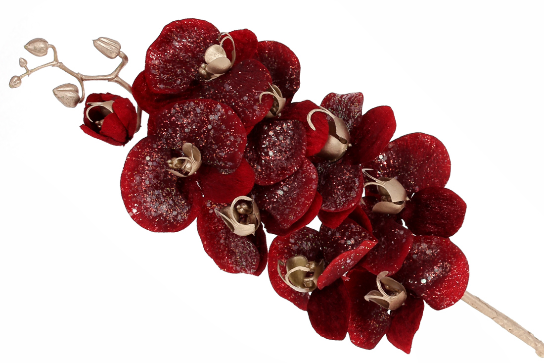 Преміальна оксамитова орхідея з гліттером на нозі 73см, колір - винний бордо