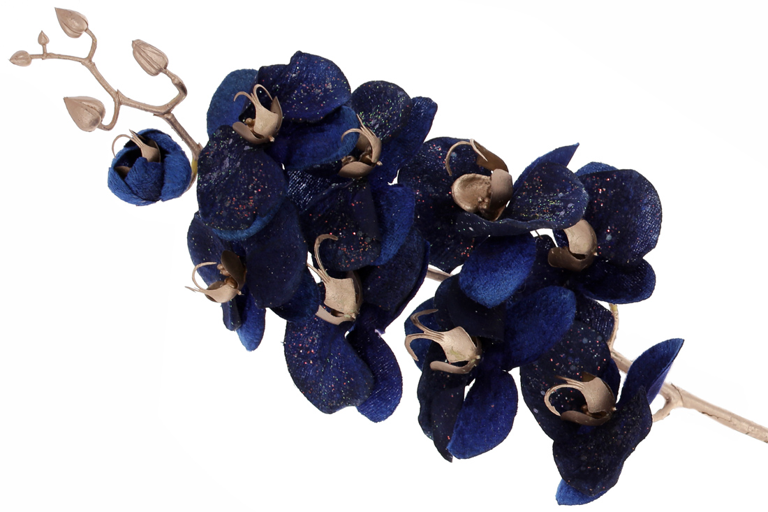 Преміальна оксамитова орхідея з гліттером на нозі 73см, колір - королівський синій