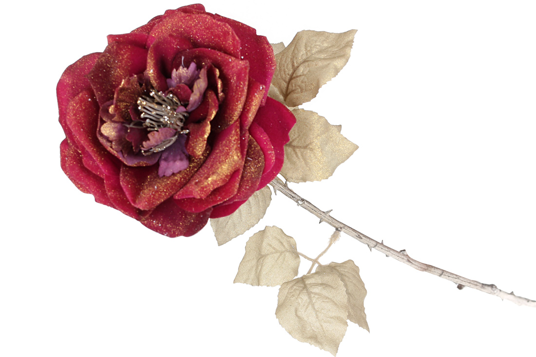 Декоративна квітка Троянди, 67см, колір - бургунді із золотим гліттером