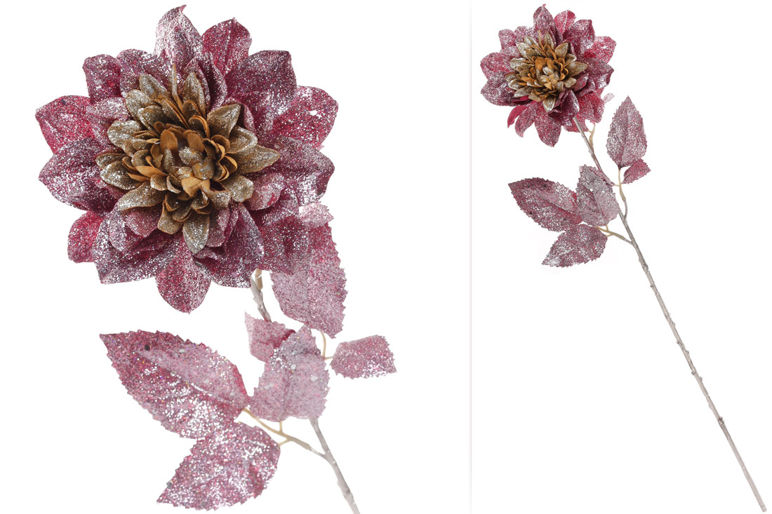 Декоративна квітка Жоржина бургунді зі срібним гліттером, 66см