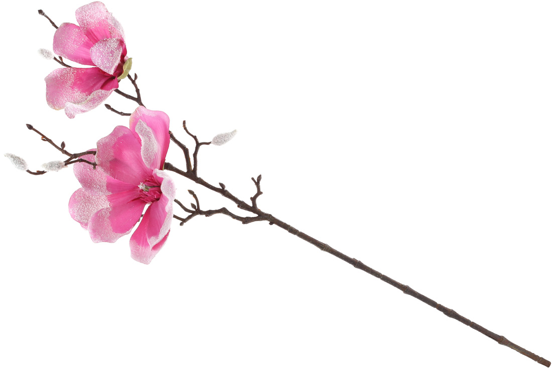 Декоративна гілка Магнолії в інею, 66см, колір - темно-рожевий