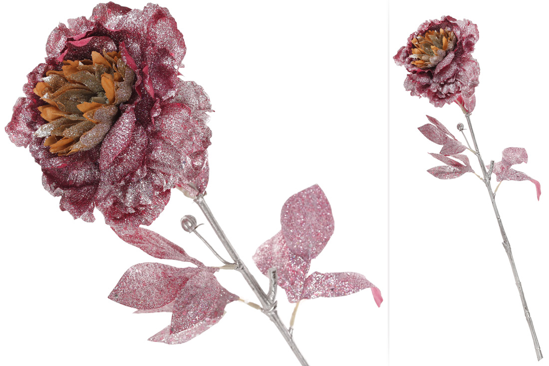 Декоративна квітка Півонія бургунді зі срібним гліттером 61см
