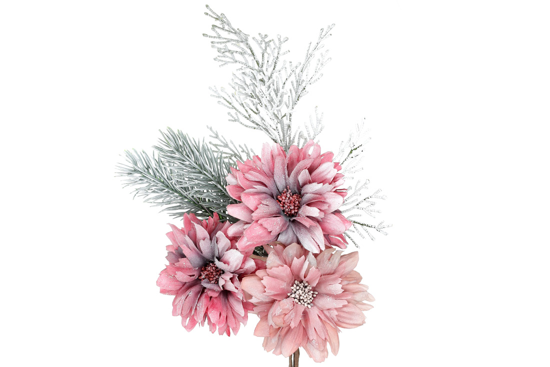 Декоративний букет хризантем з декором, 30см, колір - рожевий