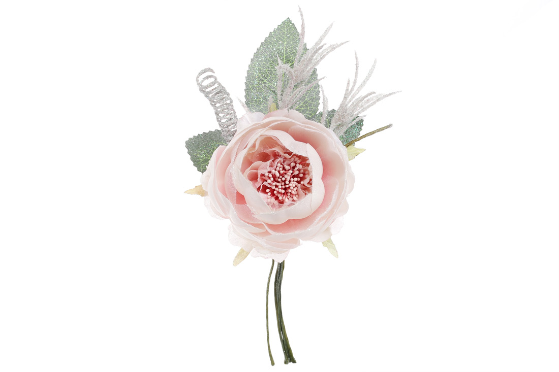 Декоративна штучна квітка Троянда із зимовим декором, 11 см, колір - ніжно-рожевий