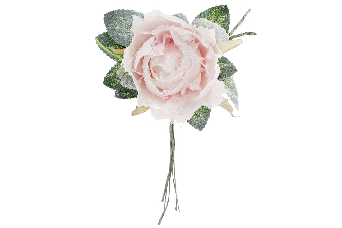 Декоративна штучна квітка Троянда 17см з гліттером, колір - світло-рожевий