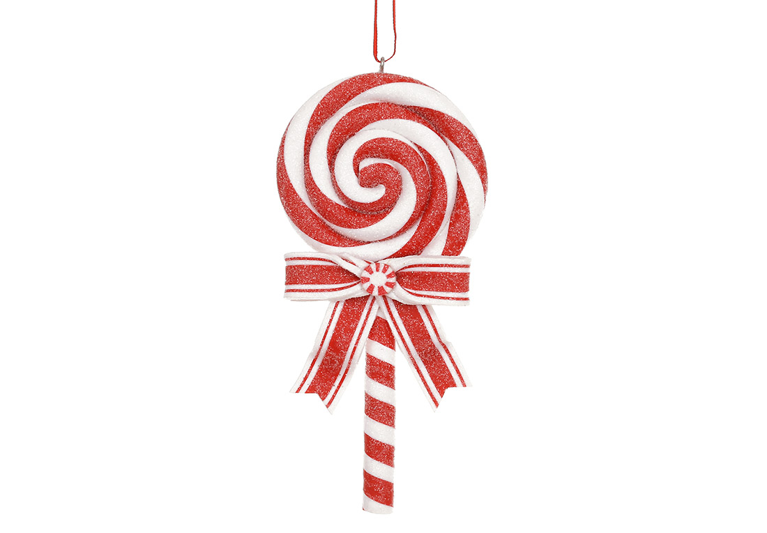 Декоративна підвіска з гліттером Льодяник, 6.5*1.5*13см, колір - червоний з білим