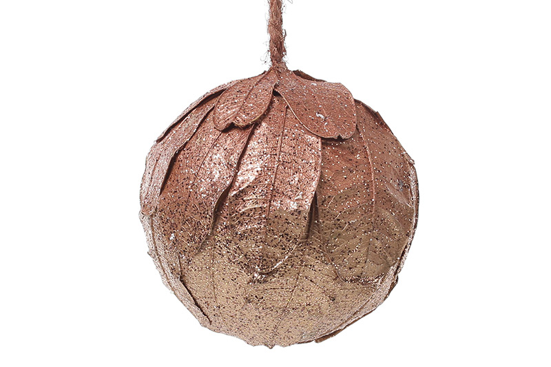 Новорічний підвісний декор Куля з натуральних листочків, бронза з блискітками