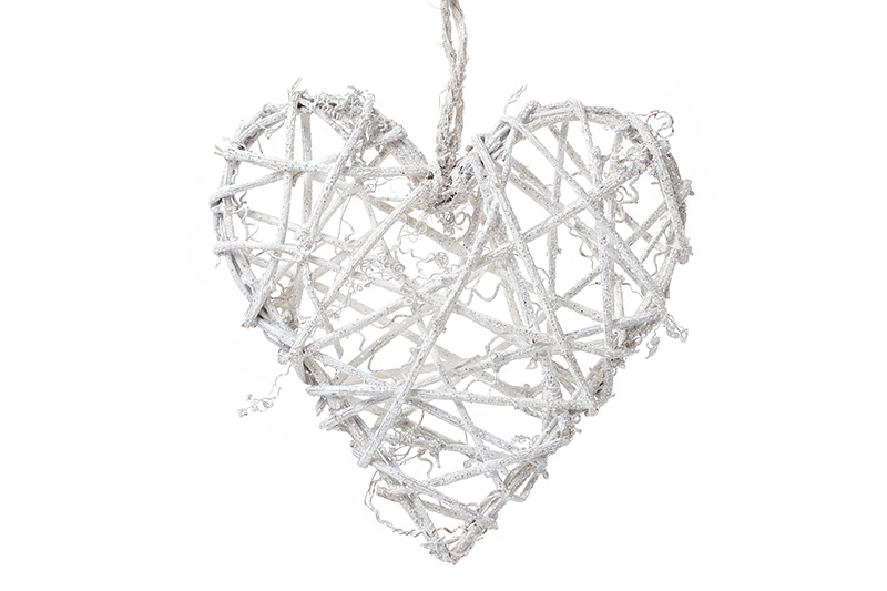 Підвісний декор Серце з раттану, білий з блискітками