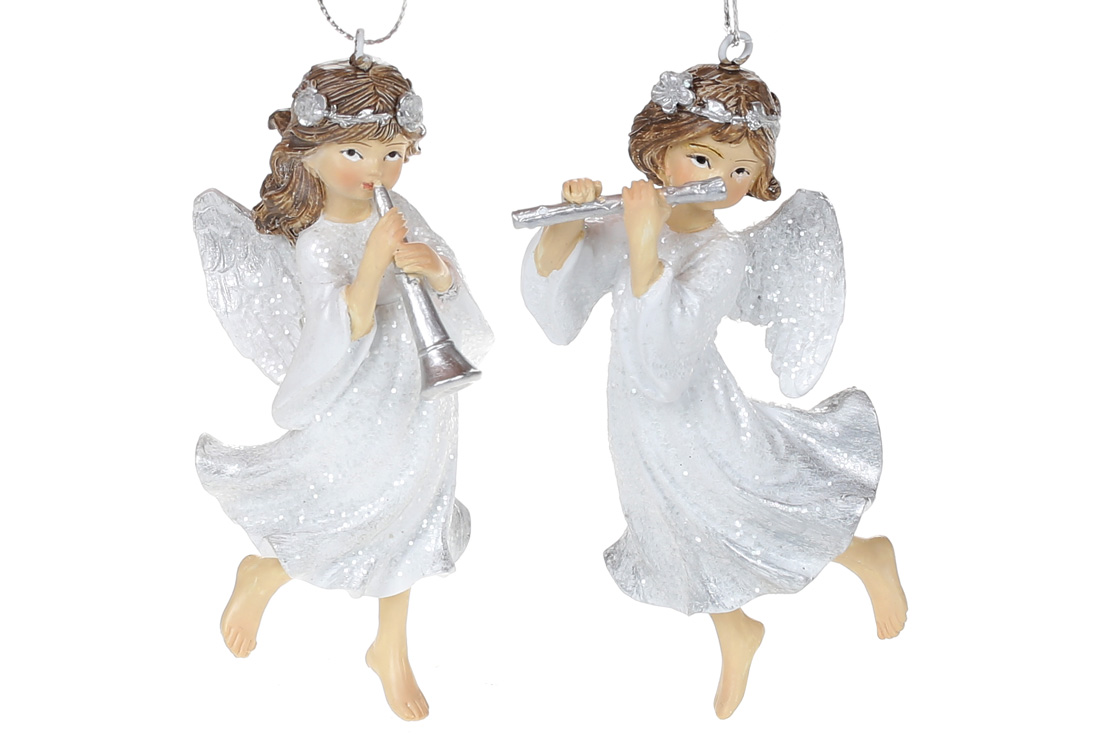 Декоративна підвіска Янгол з флейтою, 10.5см, колір - білий зі сріблом, 2 дизайни