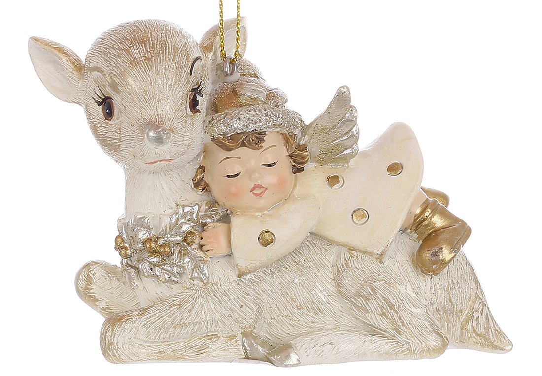 Декоративна підвіска Оленя з янголятком 9.5*4*7см, колір - бежевий з білим