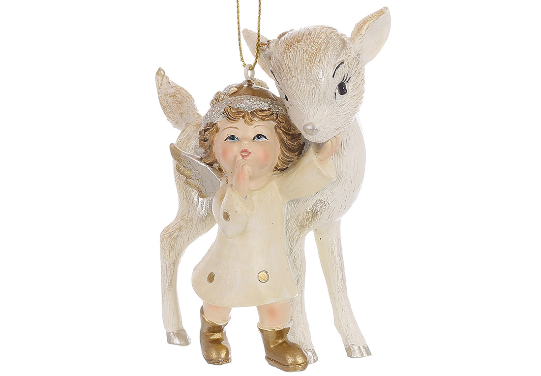 Декоративна підвіска Оленя з янголятком 8.5*4.5*10.5см, колір - кремовий із золотом