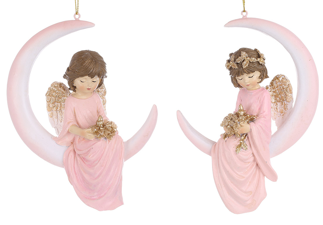 Декоративна підвіска Ангел на місяці, 10.5*5*14.5см, 2 дизайни, колір - рожевий з шампанню