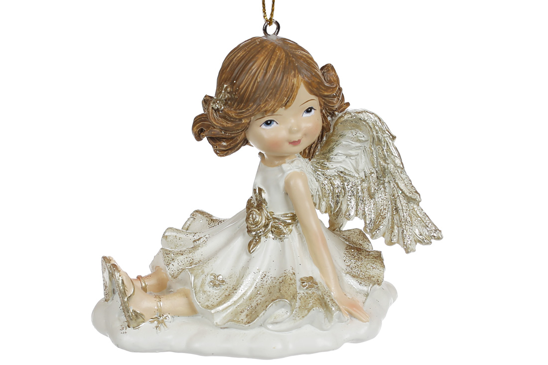 Декоративна підвіска Янгол на хмаринці, 8.5см, колір - білий із шампанню