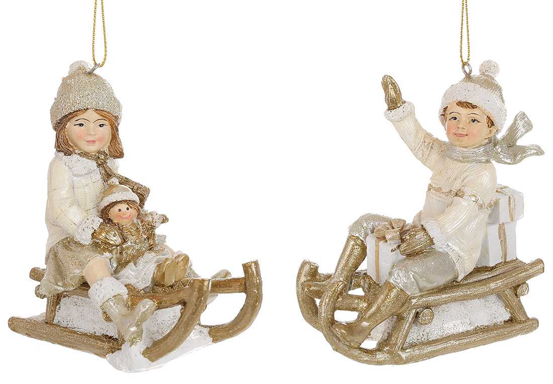 Декоративна підвіска Дітки на санчатах 10*5.5*10.5см, 2 дизайни, колір - кремовий з шампанню