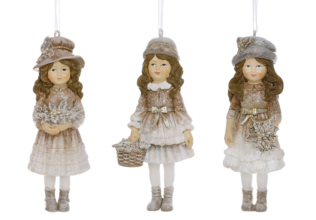 Декоративна підвіска Дівчинка з різдвяником 11см, 3 дизайни, колір - коричневий із сірим