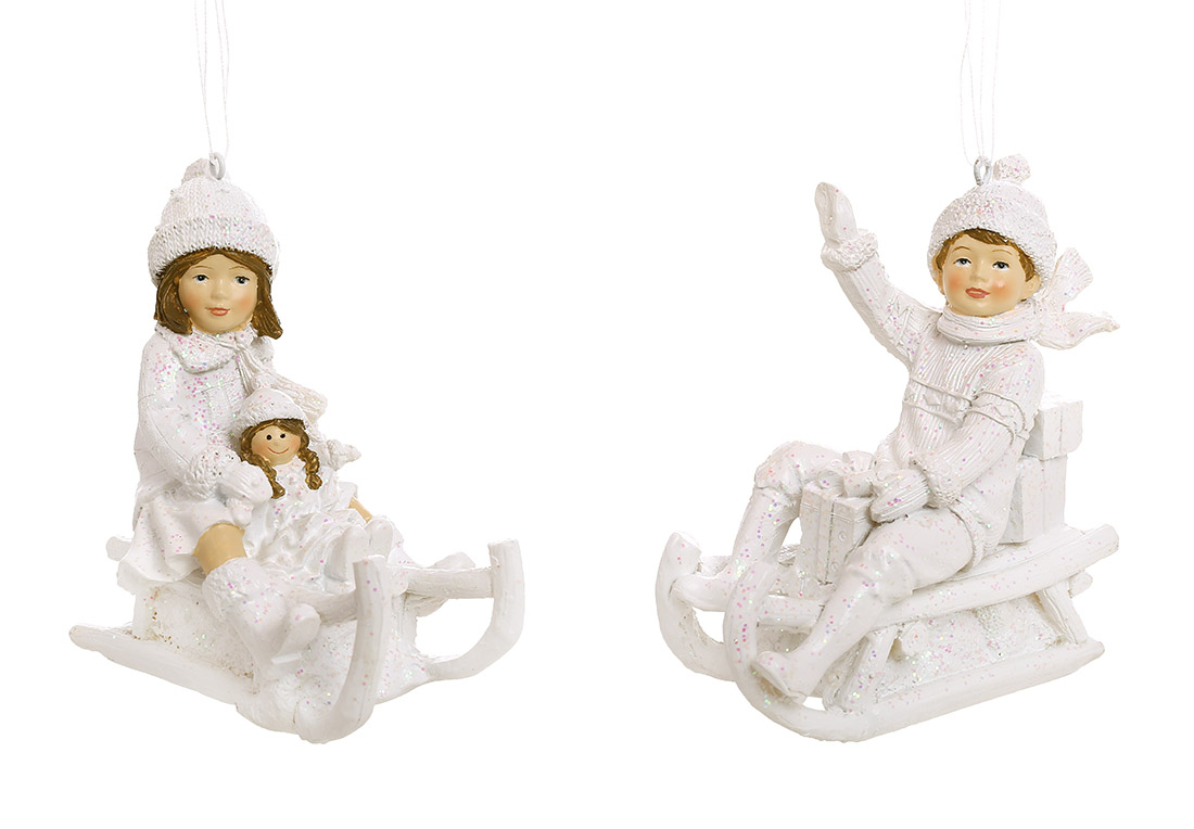 Декоративна підвіска Дітки на санчатах 10*5.5*10.5см, 2 дизайни, колір - білий