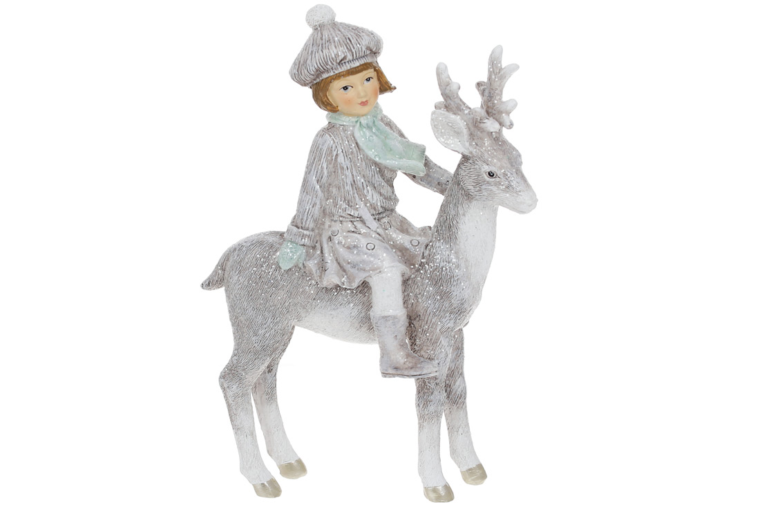 Декоративна статуетка Дівчинка верхи на олені, 19см, колір - сірий з м'ятою