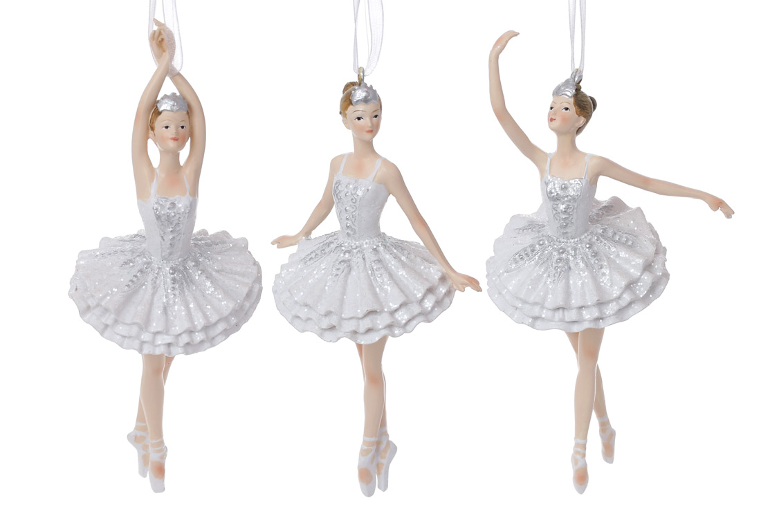 Декоративна фігурка на підвісі Балерина, 13см, колір - білий з гліттером та сріблом, 3 дизайни