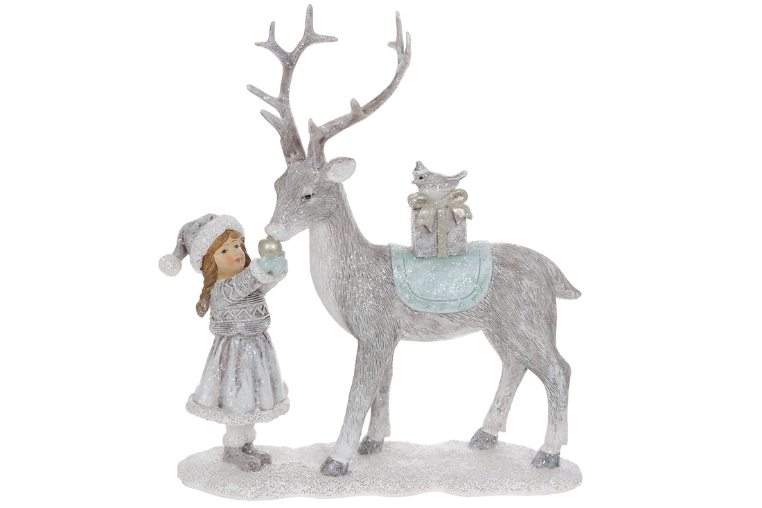 Декоративна статуетка Дівчинка годує Оленя, 21см, колір - сірий з м'ятою