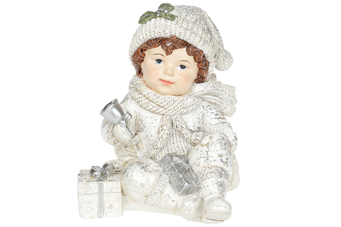 Декоративна фігурка Хлопчик з подарунками, 13см, колір - білий зі сріблом