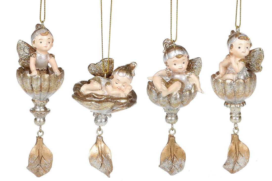 Декоративна підвісна фігурка Лісова фея в квітці, 9.7-12.3см, 4 дизайни, колір - шампань із золотом