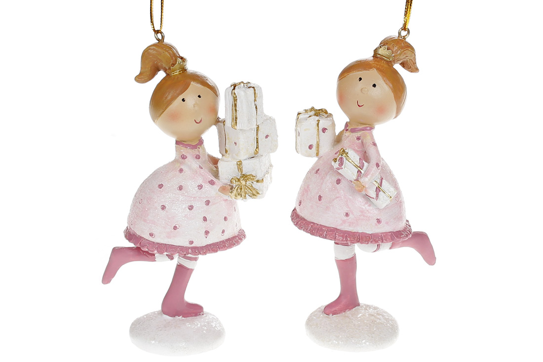Декоративна підвісна фігурка Дівчинка з подарунками, 11.5см, 2 дизайни, колір - рожевий