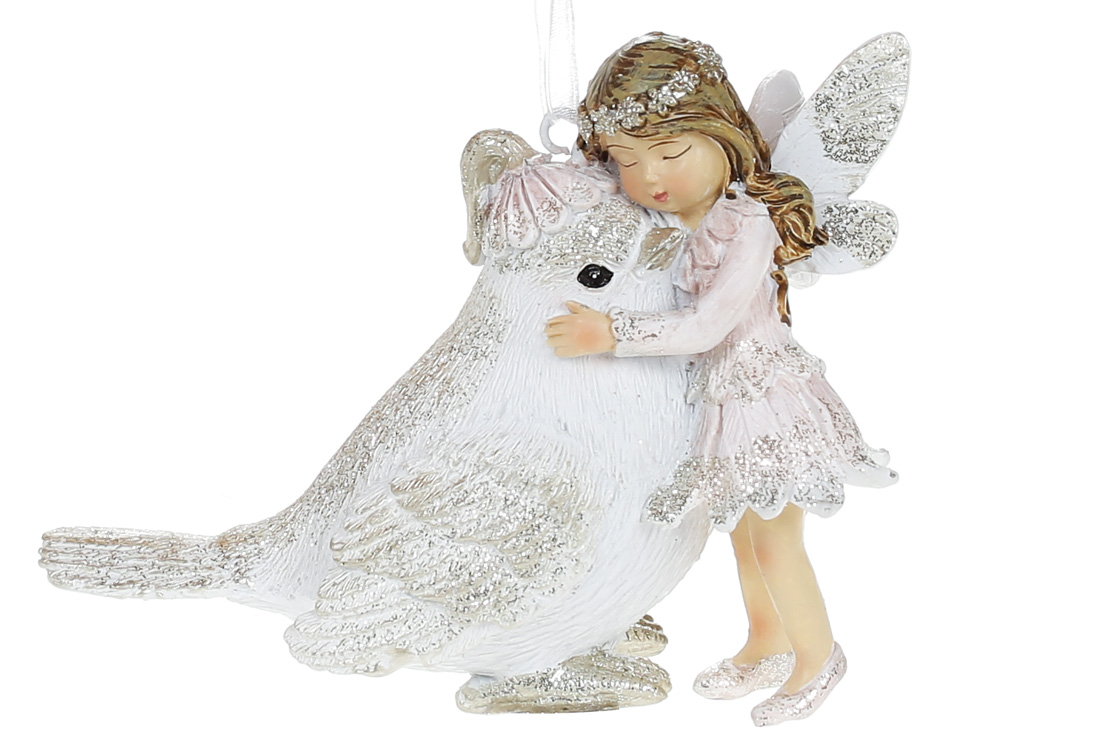 Декоративна підвіска Ельф з Птахом, 10см, колір - рожевий з шампанню