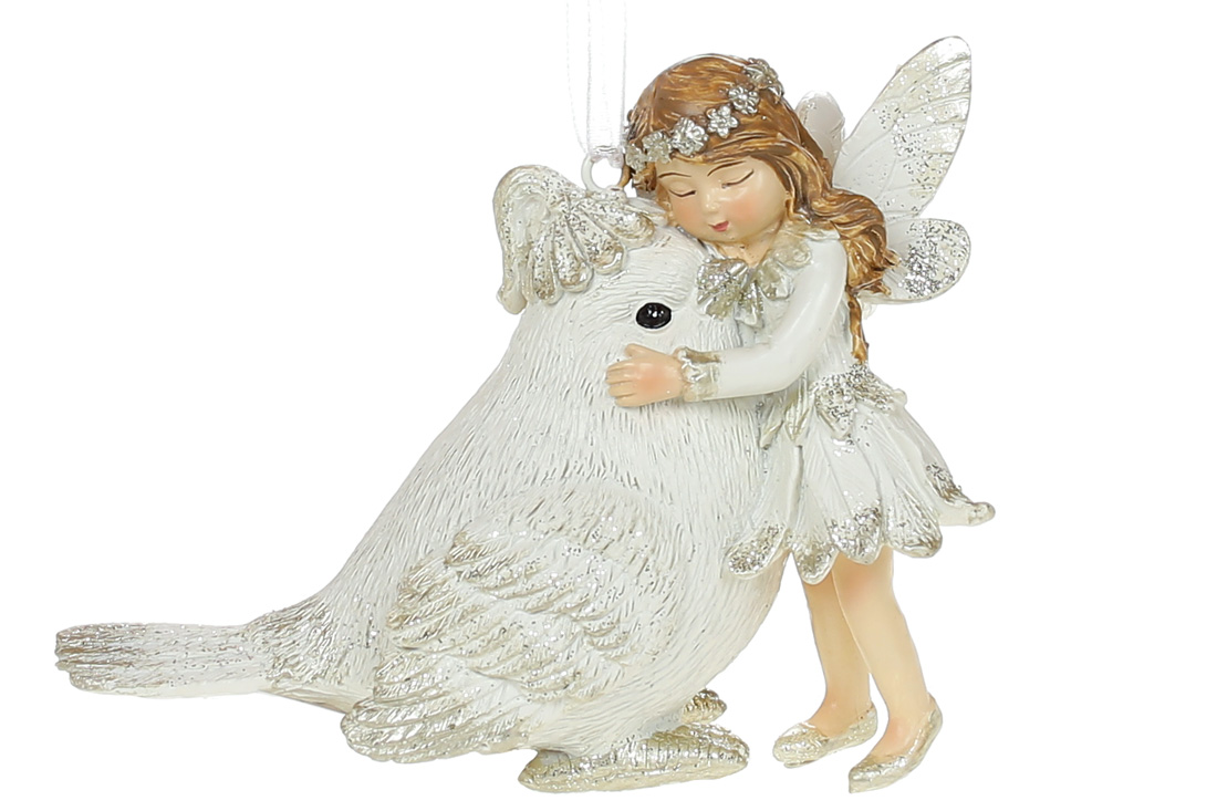 Декоративна підвіска Ельф із Птахом, 10см, колір - білий з шампанню