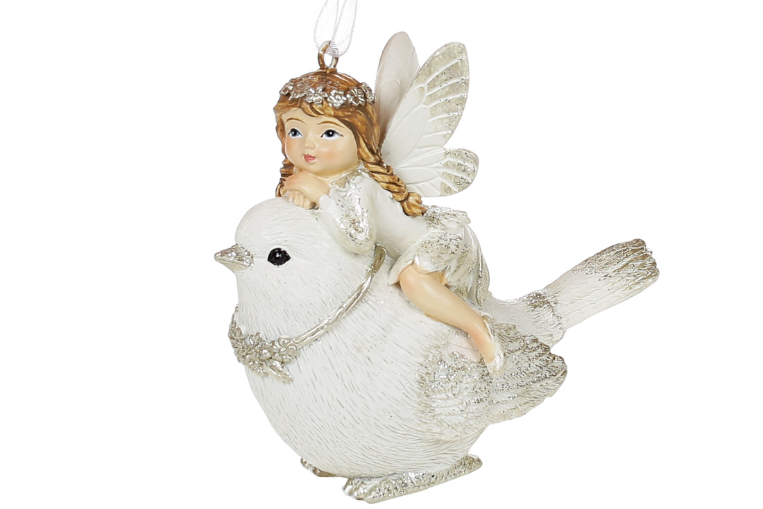 Декоративна підвіска Ельф на Пташці, 9см, колір - білий з шампанню