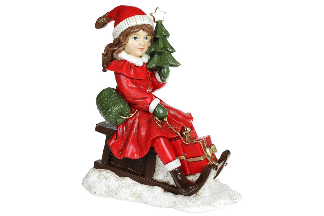 Декоративна статуетка Дівчинка з ялинкою на санчатах, 22см, колір - червоний