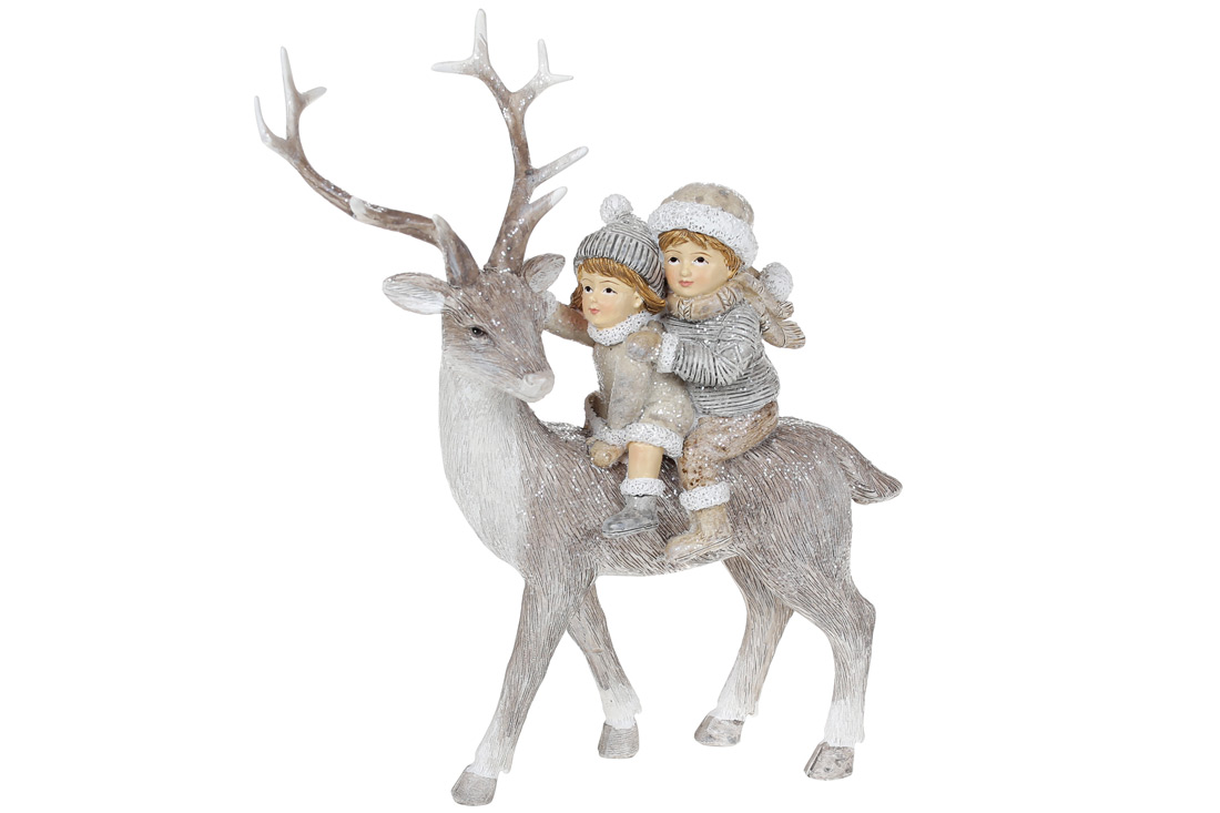 Декоративна статуетка Діти на Олені, 20см, колір - бежево-сірий