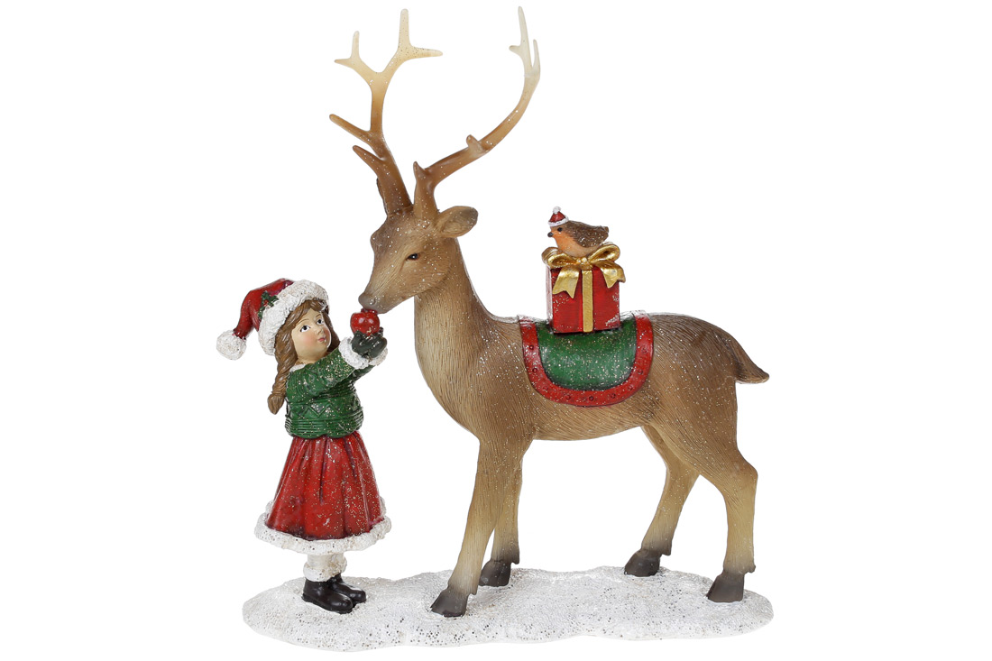 Декоративна статуетка Дівчинка з оленем, 21см, колір - червоний з коричневим