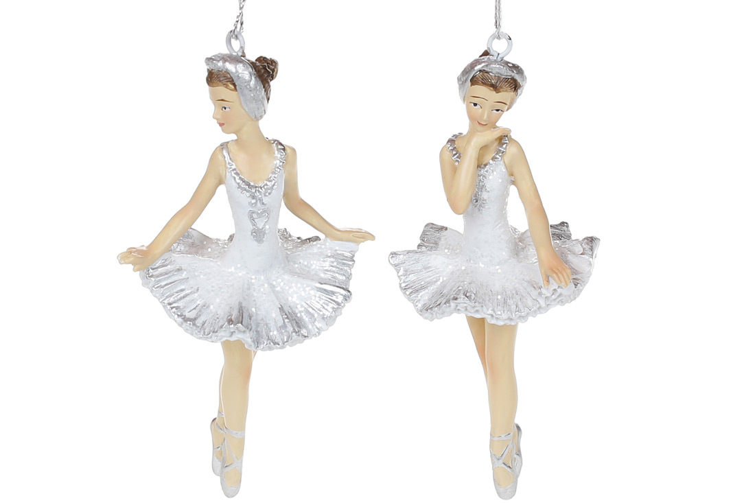 Декоративна підвісна фігурка Балерина 11см, 2 дизайни, колір - білий зі сріблом