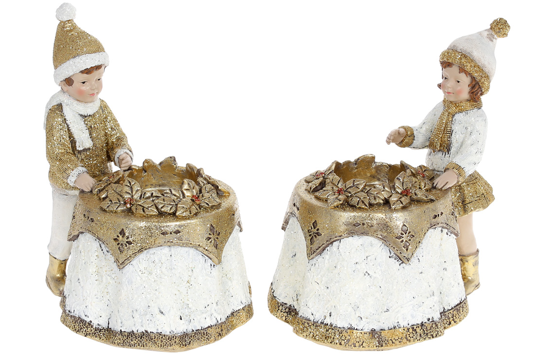 Свічник декоративний Хлопчик та Дівчинка для 1 свічки, 17см, 2 дизайни, колір - білий із золотом