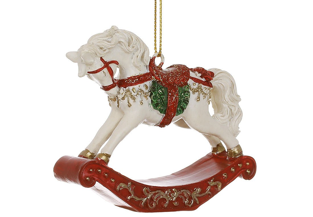 Декоративна підвіска Конячка - гойдалка 7.5*2*6.5см, колір - білий з червоним