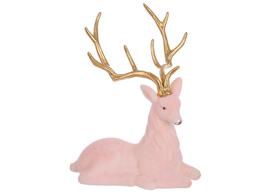 Декоративна флокова фігура Олень 21.5см, колір - ніжно-рожевий із золотими рогами