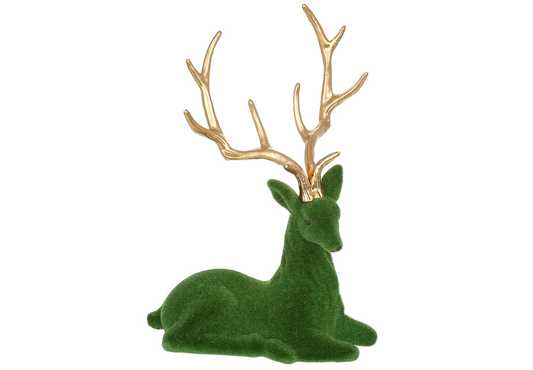 Декоративна флокова фігура Олень 21.5см, колір - зелений із золотими рогами