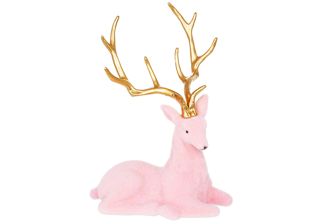 Декоративна флокова фігура Олень 21.5см, колір - рожевий із золотими рогами