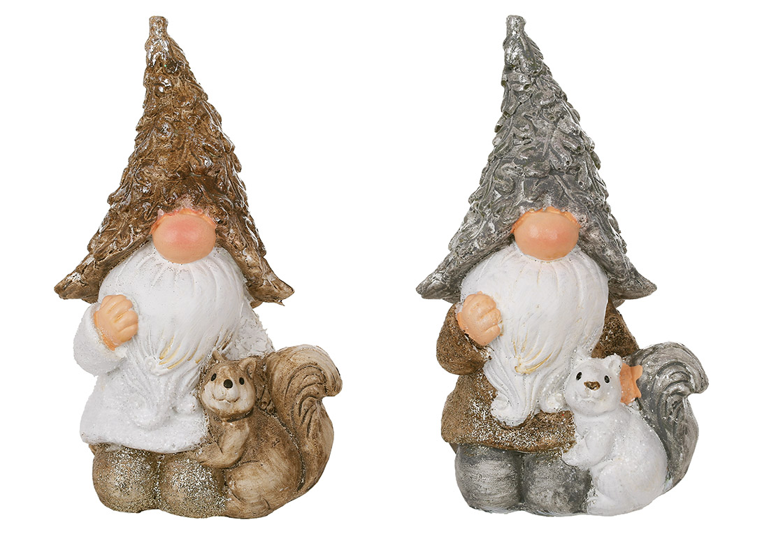 Декоративна фігура Гном з білкочкою 15см, 2 дизайни, колір - коричневий з сірим, декор: поталь срібло, цукрова присипка