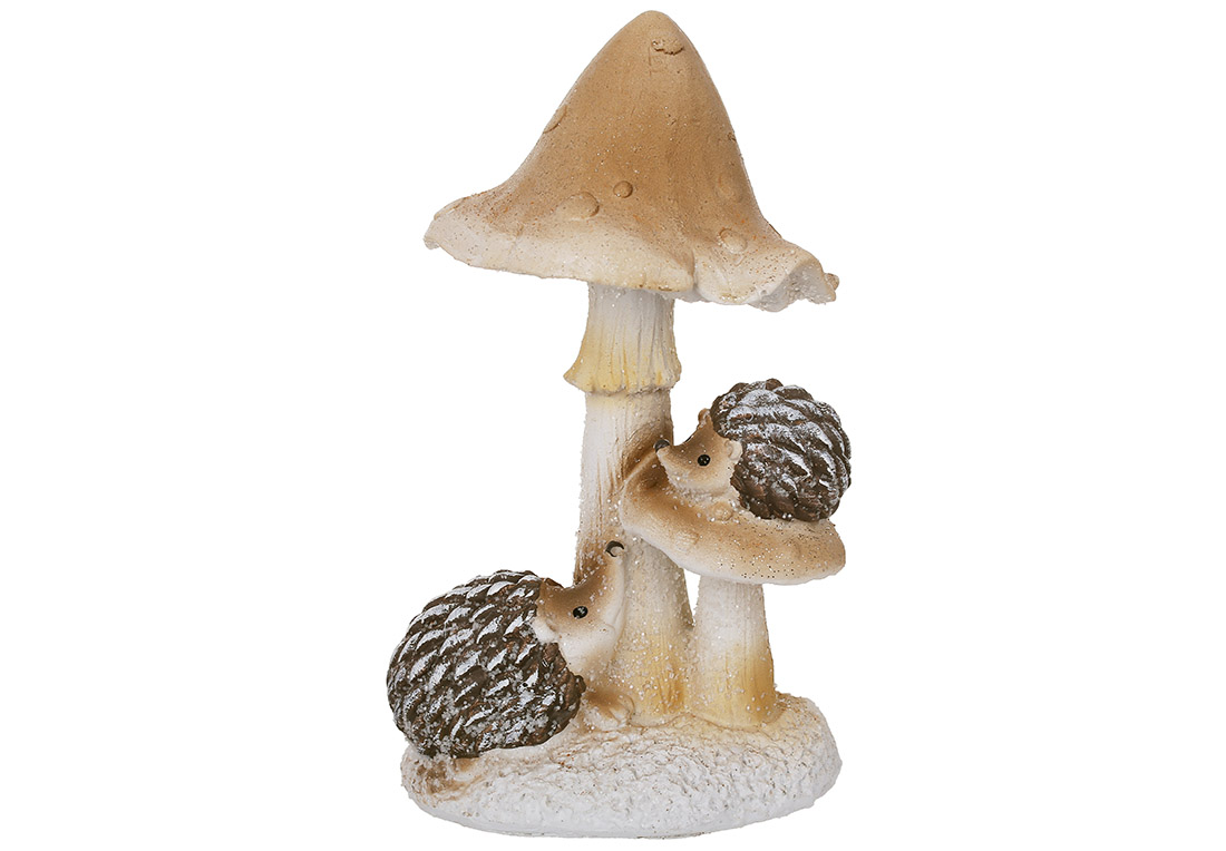 Декоративна фігура в глітері Їжачки під грибочком 18.5см, колір - бежевий з коричневим, декор: цукрова присипка, гліттер