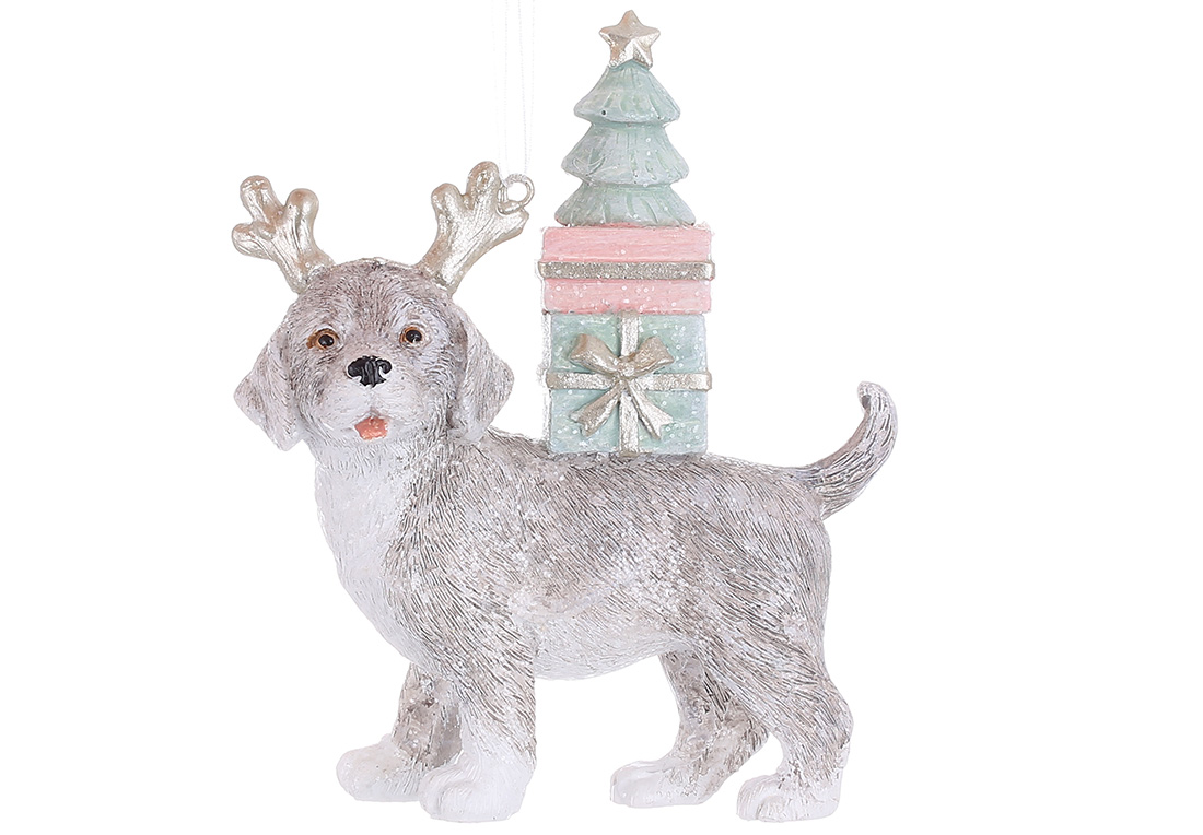 Декоративна підвіска Собака з подарунками 9.5*5*11см, колір - сірий з рожевим та м'ятним