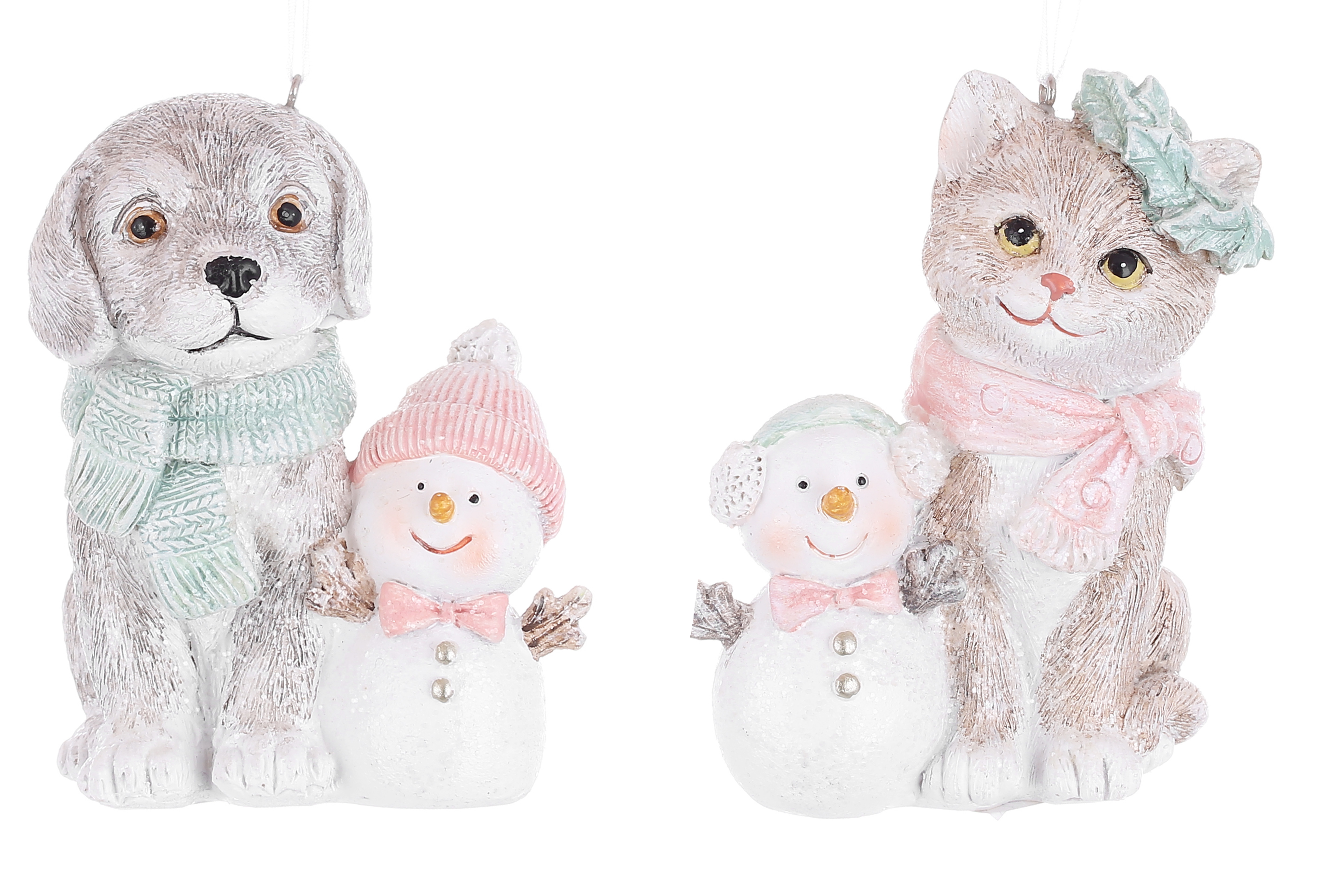 Декоративна підвіска Кіт та Собака зі сніговиками 7*6*9см, 2 дизайни, колір - сірий з бежевим