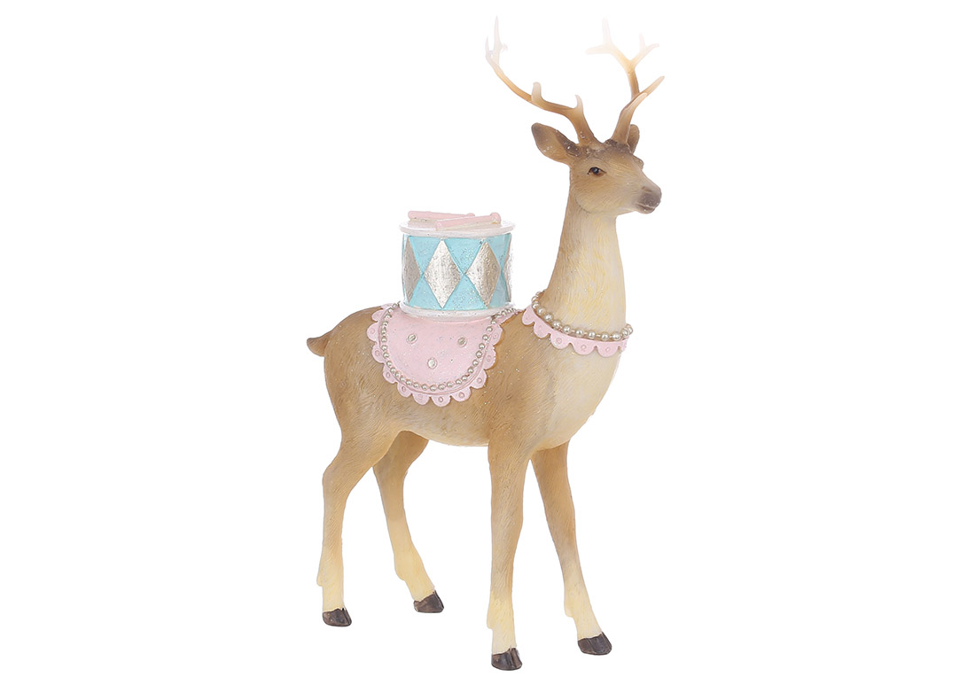 Декоративна фігура Олень з барабаном 15*6*21.5см, колір - коричневий з рожевим та блакитним
