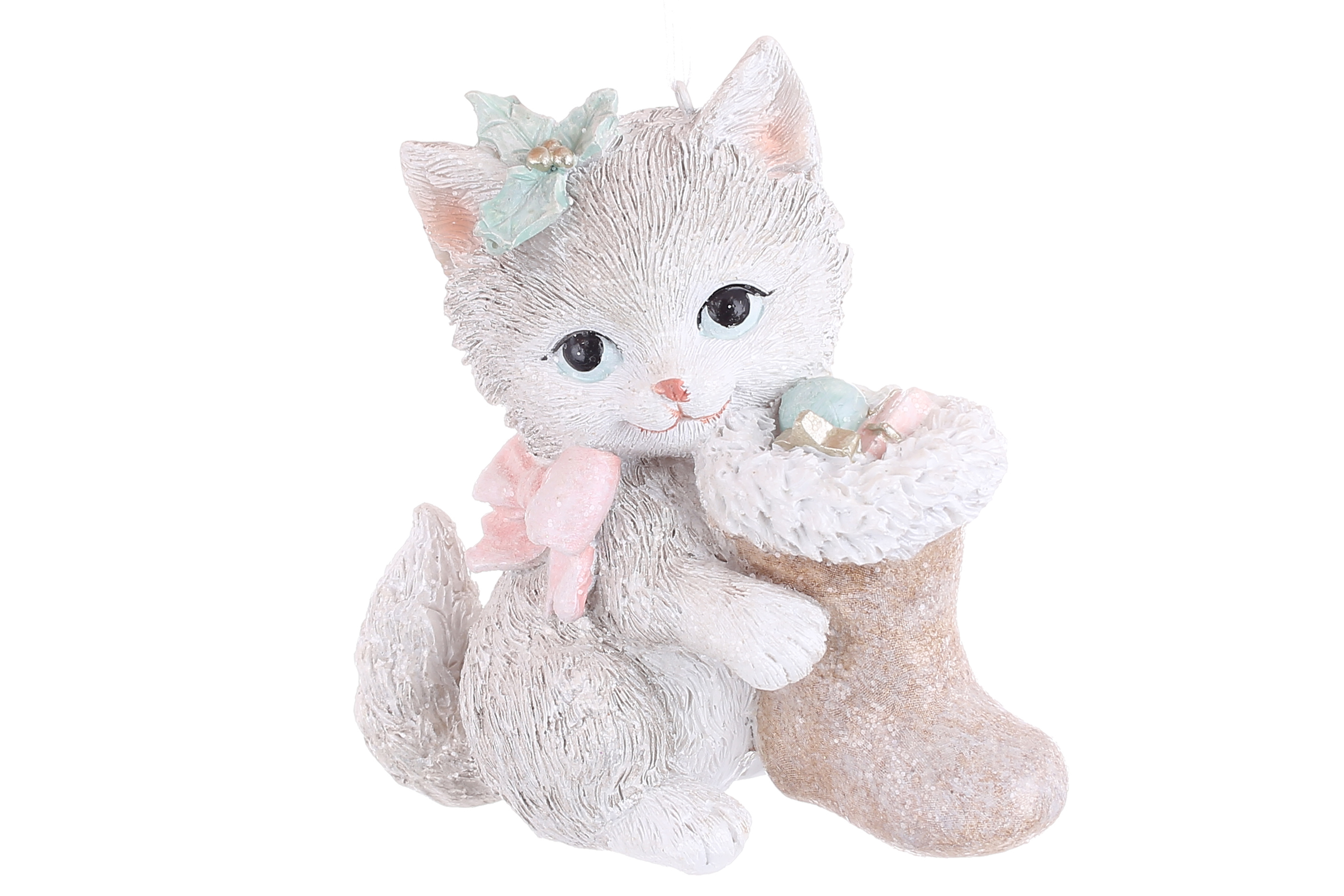 Декоративна підвіска Котик із чобітком 10.5*5.5*10.5см, колір - сірий з рожевим