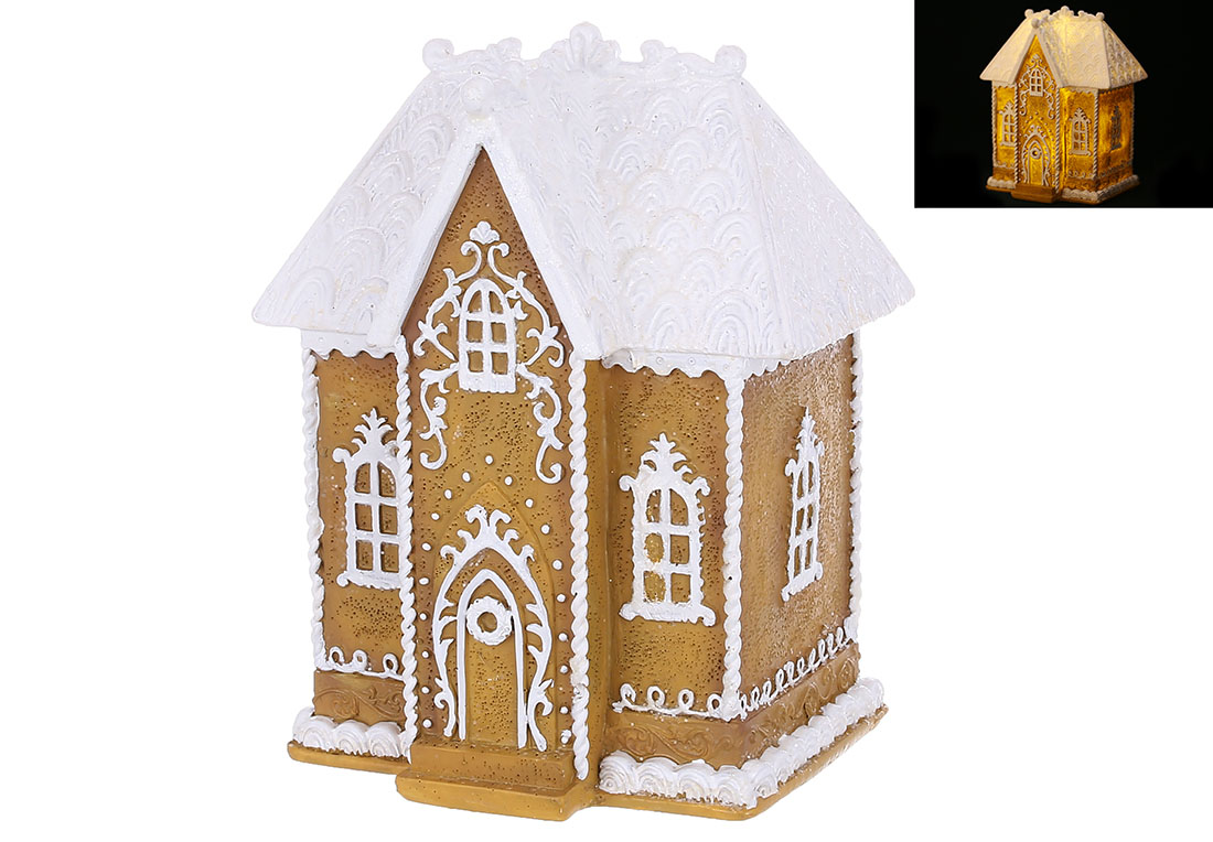 Декоратина фігура Пряничний будиночок з підсвічуванням LED 12.5*9.5*15см, колір - імбирно-коричневий з білим