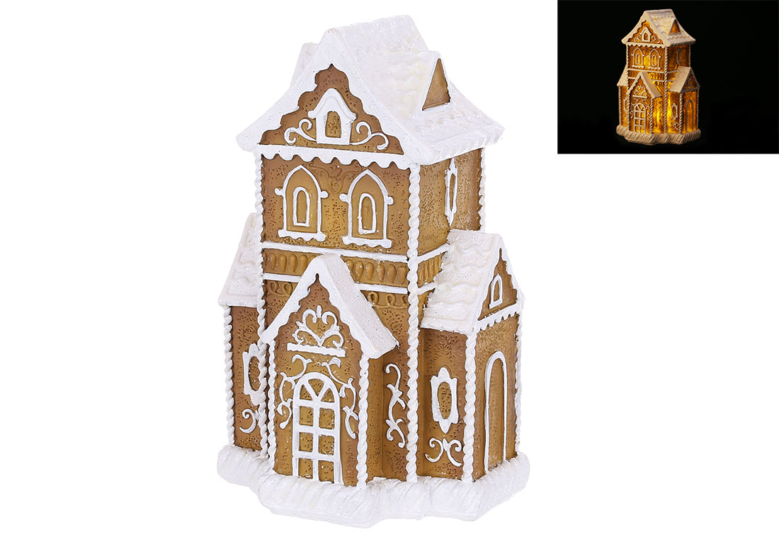 Декоратина фігура Пряничний будиночок з підсвічуванням LED 10*8*16см, колір - імбирно-коричневий з білим