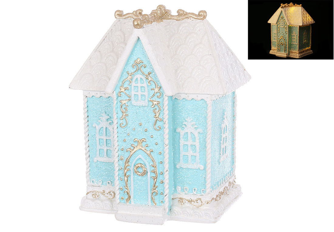 Декоратина фігура Зефірний будиночок з підсвічуванням LED 12.5*9.5*15см, колір - блакитний з білим