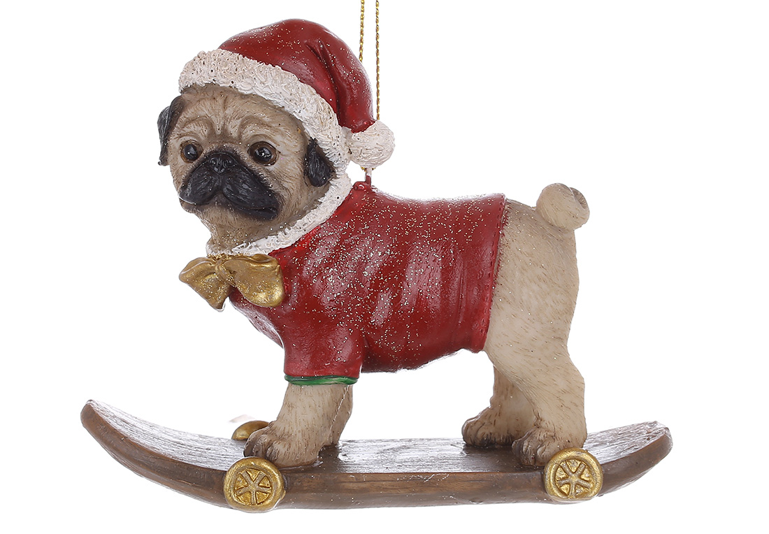 Декоративна підвіска Мопс на скейті 12*4.5*9.5см, колір - світло-коричневий з червоним