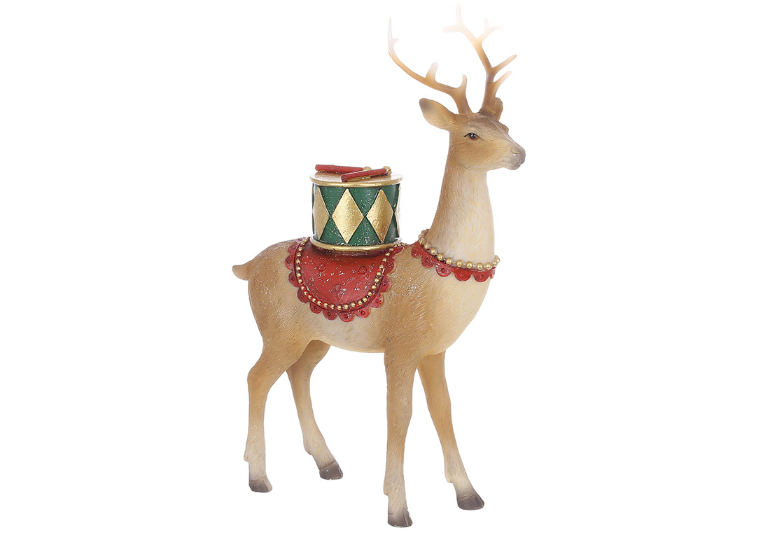Декоративна фігура Олень з барабаном 15*6*21.5см, колір - коричневий із зеленим та червоним