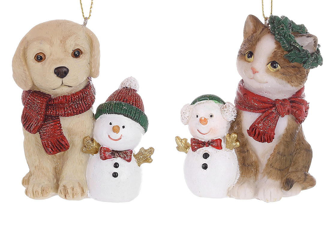 Декоративна підвіска Кіт та Собака зі сніговиками 7*6*9см, 2 дизайну, колір - коричневий з червоним